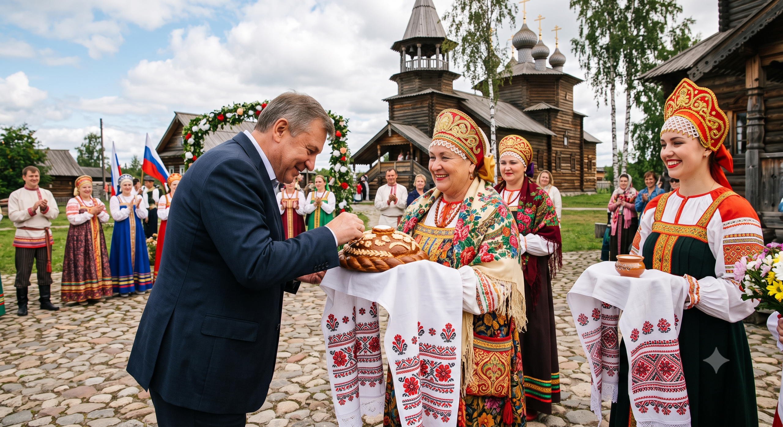 Traditional Russian bread and salt welcoming ceremony